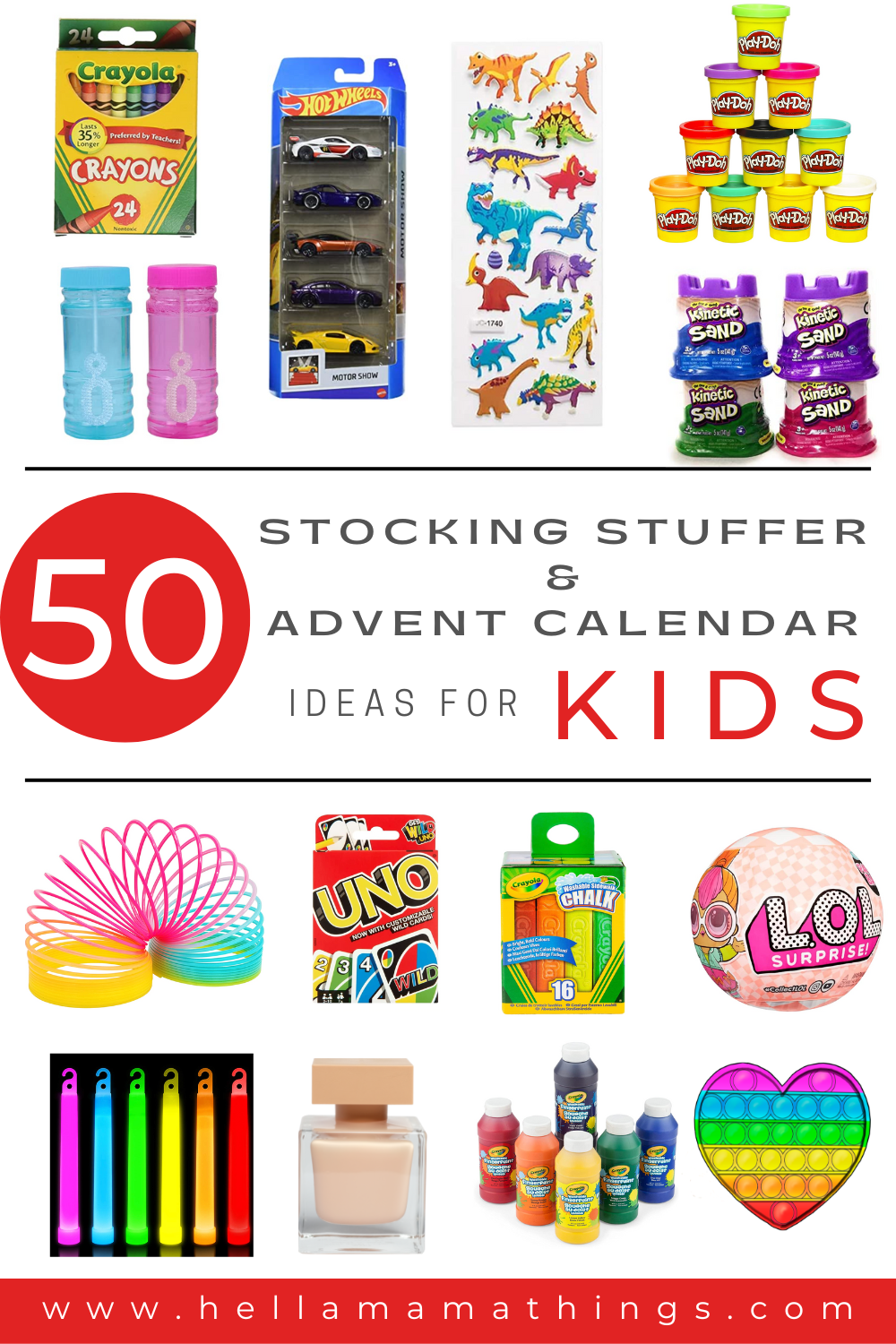 Pinterest Pin - 50 Stocking Stuffers & Advent Calendar Ideas for Kids. Title surrounded by pictures of toys and crafts.