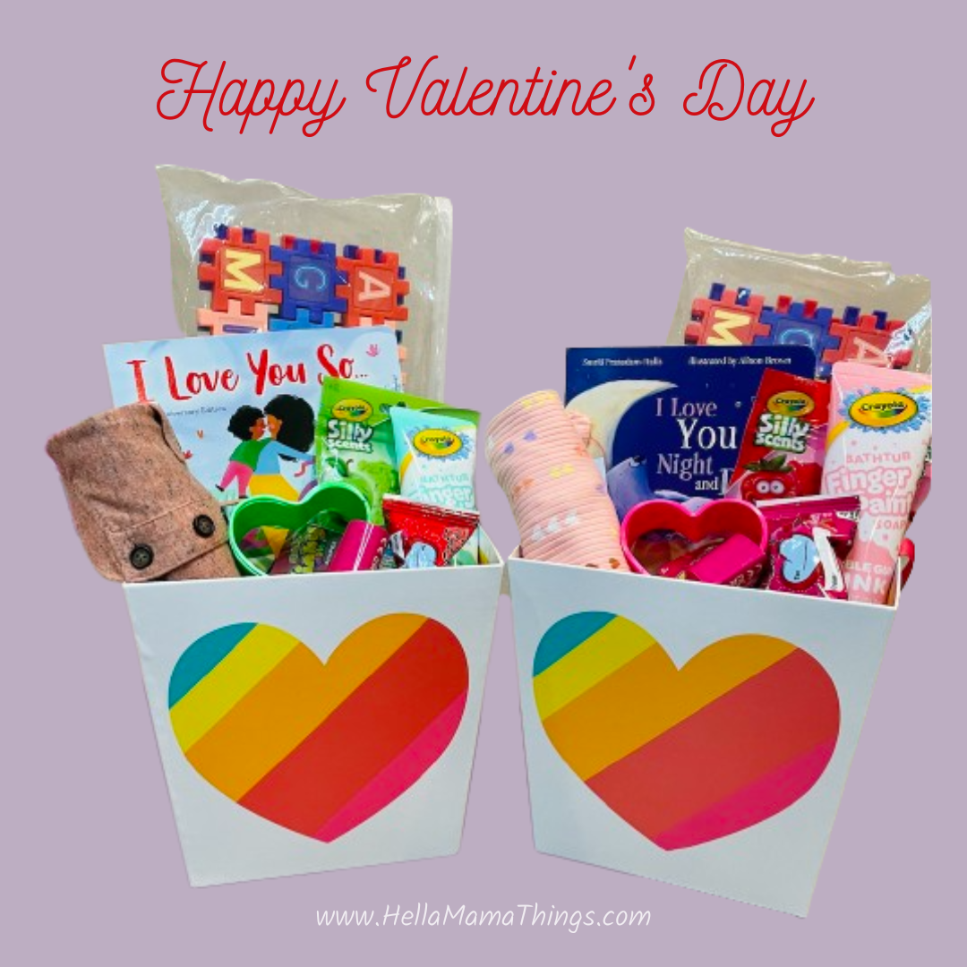 Happy Valentine's Day; two baskets filled with Valentine's Day gifts